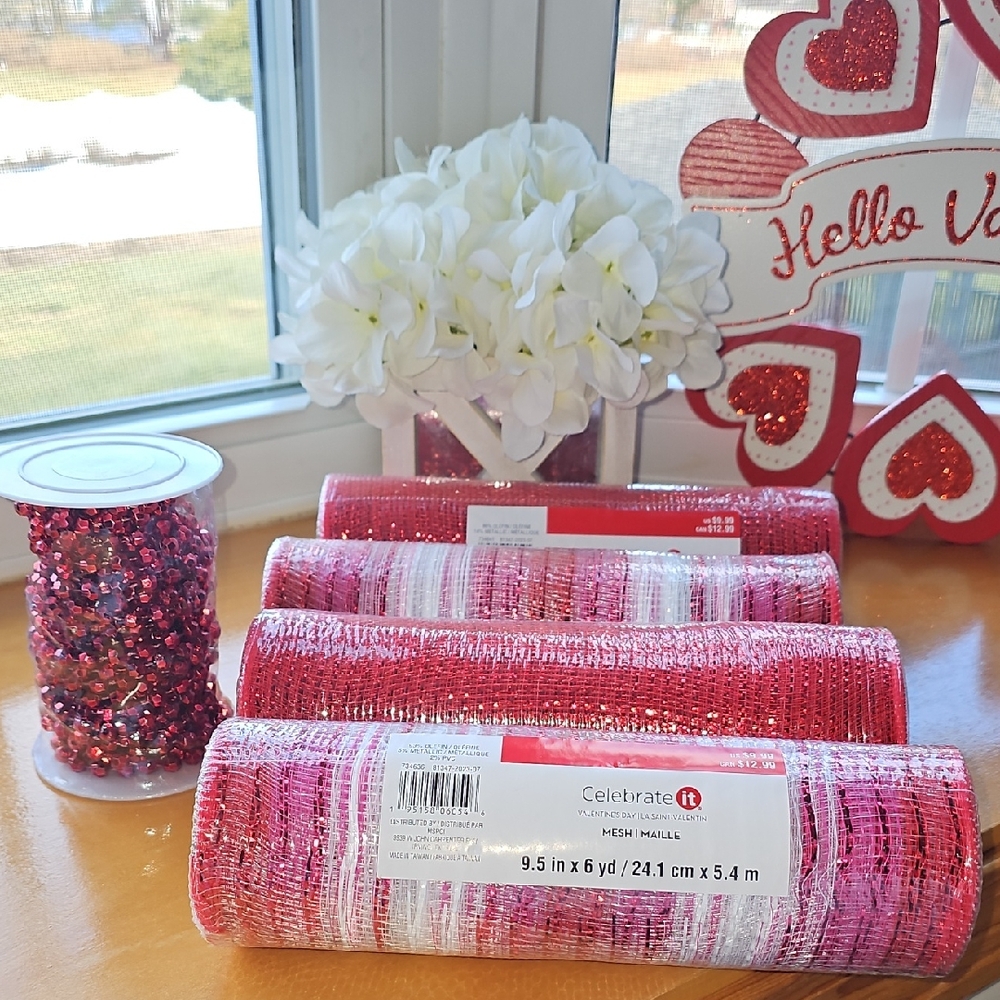 Celebrate It Pink and White Mesh Rolls And Red Bead Garland